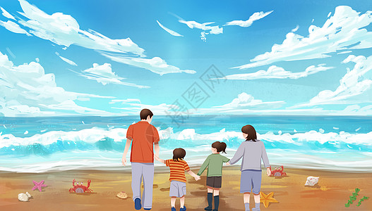 家庭旅游夕阳下的一家人设计图片