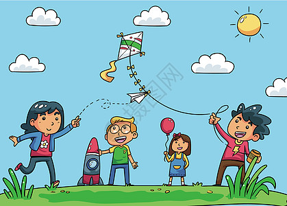 草坪气球孩子们在草地上玩耍矢量插画插画