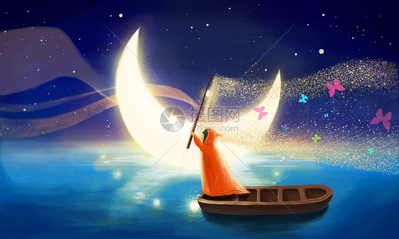 月光下划船玩耍的女孩图片