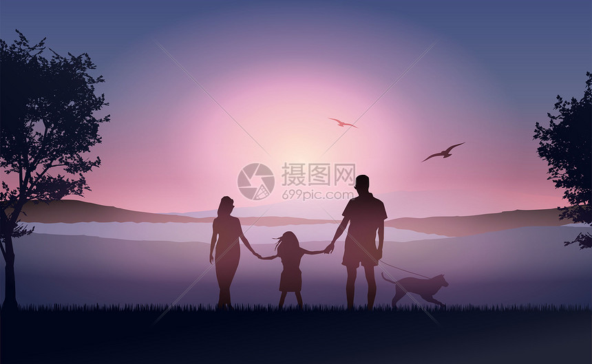 夕阳下的一家三口图片