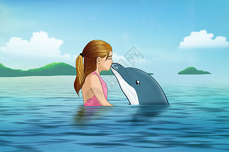 少女与海豚插画背景图片