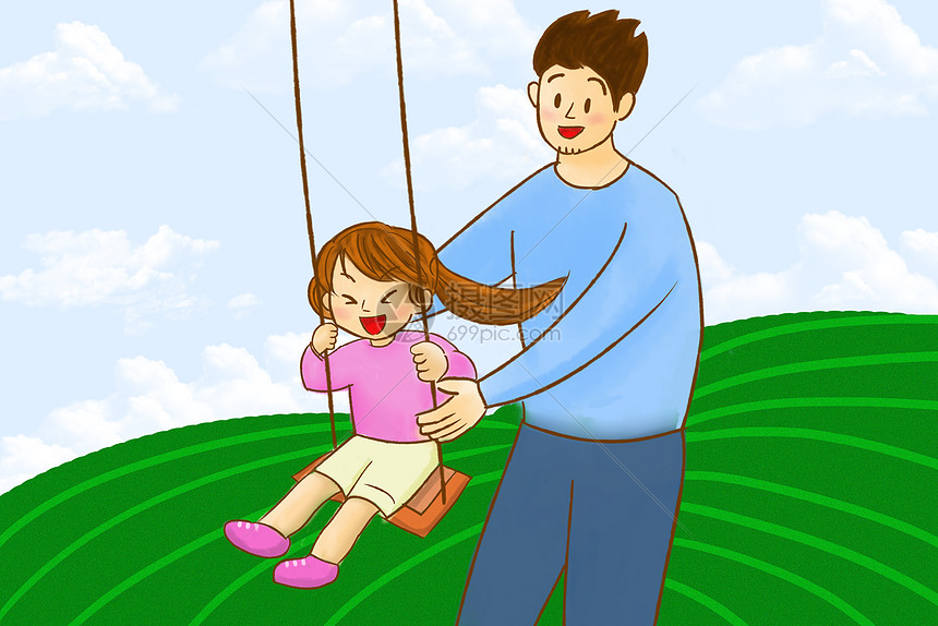 爸爸带女儿荡秋千手绘插画图片素材_免费下载_psd图片格式_VRF高清图片400076672_摄图网