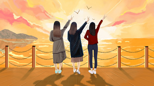 黄色渐变背景海边三个女孩的背影插画