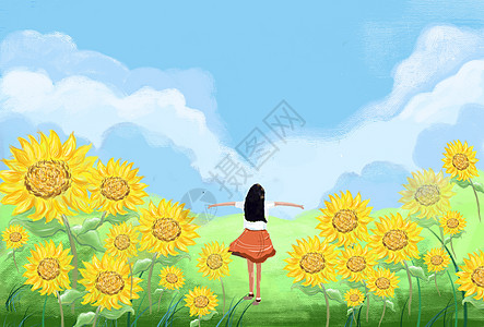 拥抱春天向日葵中的少女高清图片
