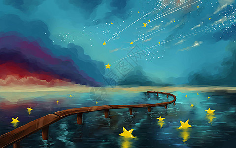 海边的流星梦幻插画背景高清图片