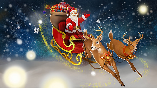 平安夜圣诞老人驯鹿雪橇插画海报图片