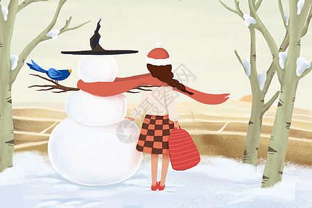 桌面风景雪人和女孩插画