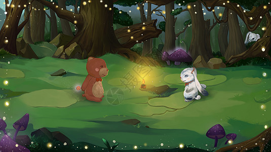森林里的小熊和小白兔背景图片