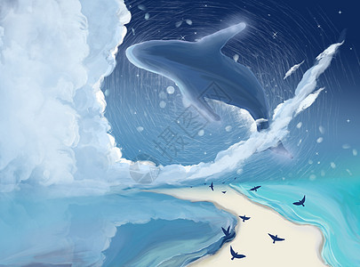 天空中的鲸鱼插画背景图片