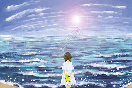 阳光沙滩浪漫海边女孩的背影插画