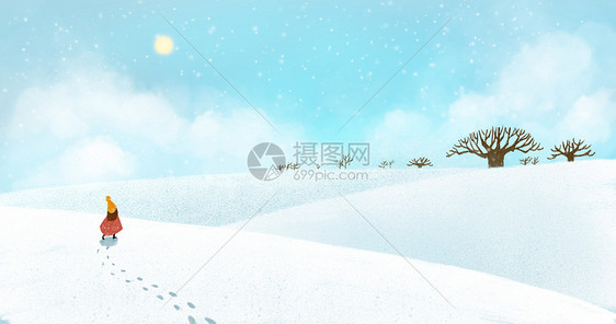 冬日雪景意境插画图片