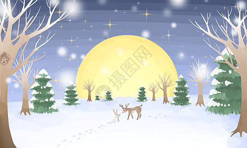 小鹿与兔子雪景图片