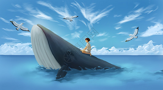 少年与鲸鱼鲸鱼与少年插画高清图片