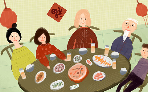 简单的桌子春节新年聚餐插画