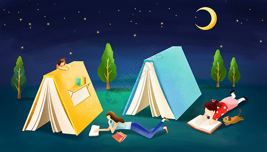帐篷星空星空下读书的女孩插画