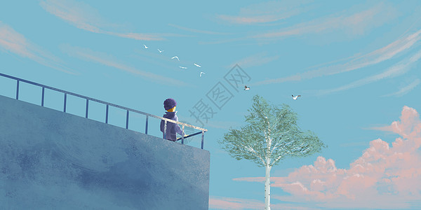 天台上的小男孩插画图片