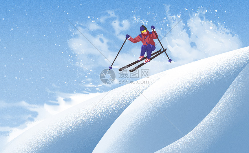 冬天滑雪手绘插画图片