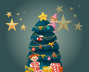 贺卡设计元素手绘圣诞树礼盒海报设计图片