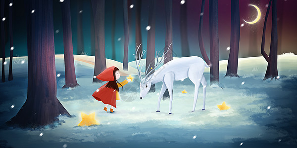 圣诞节场景雪地里给鹿送礼物的女孩插画