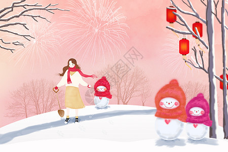 女孩和她的小雪人背景图片