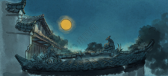 月夜水墨中国风建筑插画