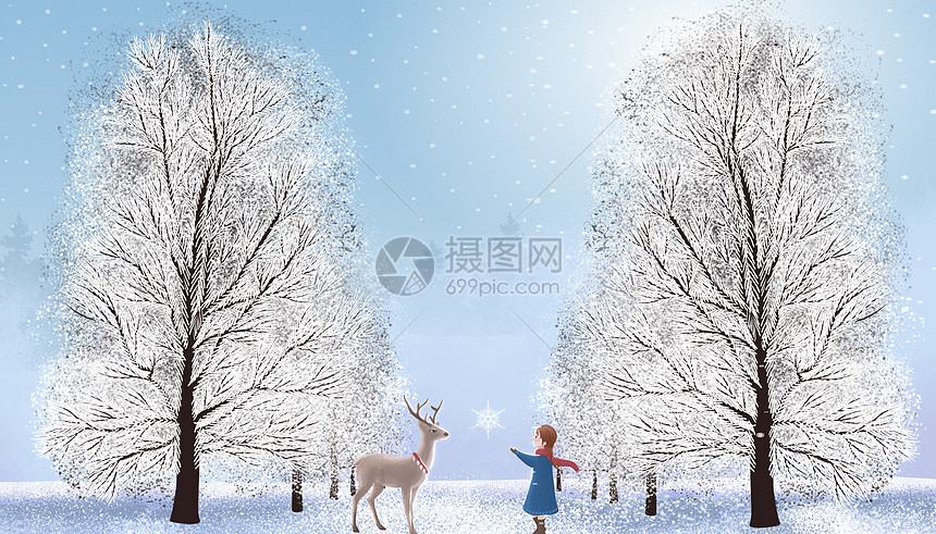 治愈系冬天下雪遛狗插画图片