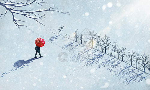 孤独一个人冬天雪中漫步插画