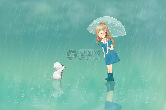 雨中的女孩治愈系插画图片