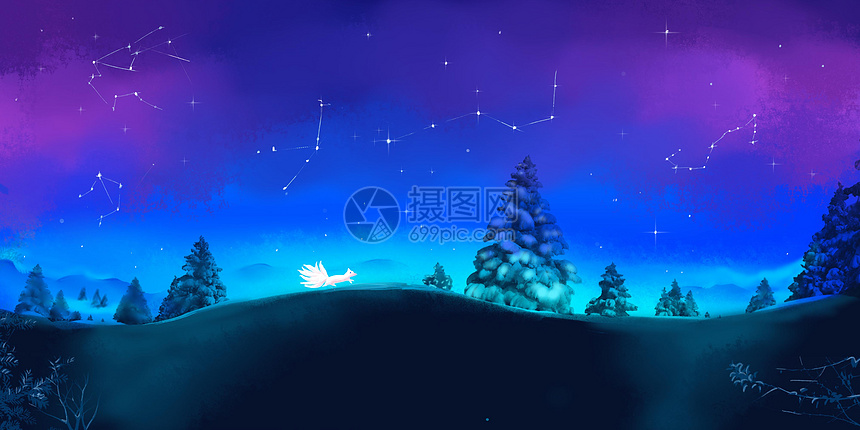 冬季雪夜里奔跑的九尾狐图片