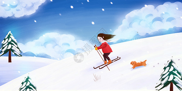 雪橇滑雪的女孩插画