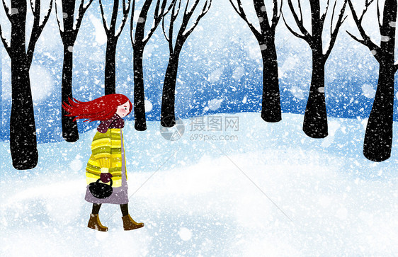 唯美插画 雪中漫步的少女.