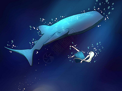 鲸与女孩插画图片