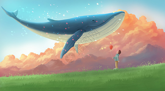 鲸鱼与男孩云彩鲸鱼高清图片
