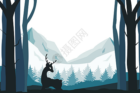 麋鹿剪影奇幻雪景森林插画