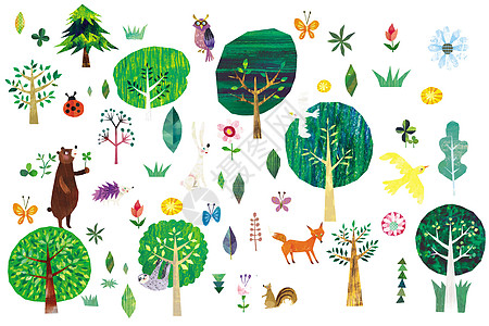 刺猬森林树木花鸟元素插画