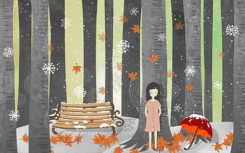 树林落叶冬季落叶女孩插画
