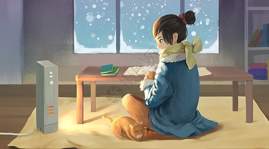 室内场景冬天坐在暖器旁的女孩插画