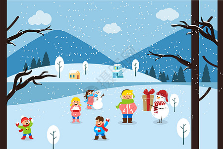 雪地树叶冬日小孩玩耍风景插画插画