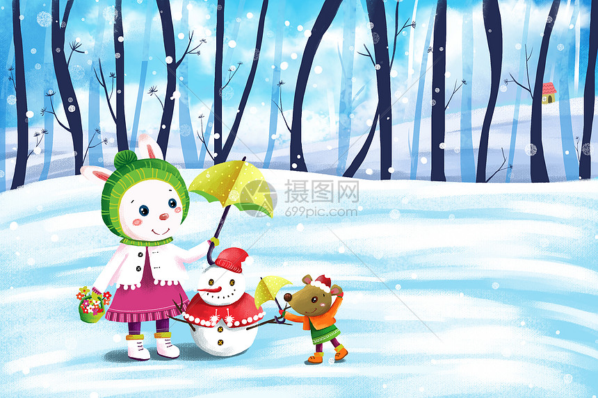 冬季雪景小清新唯美插画图片