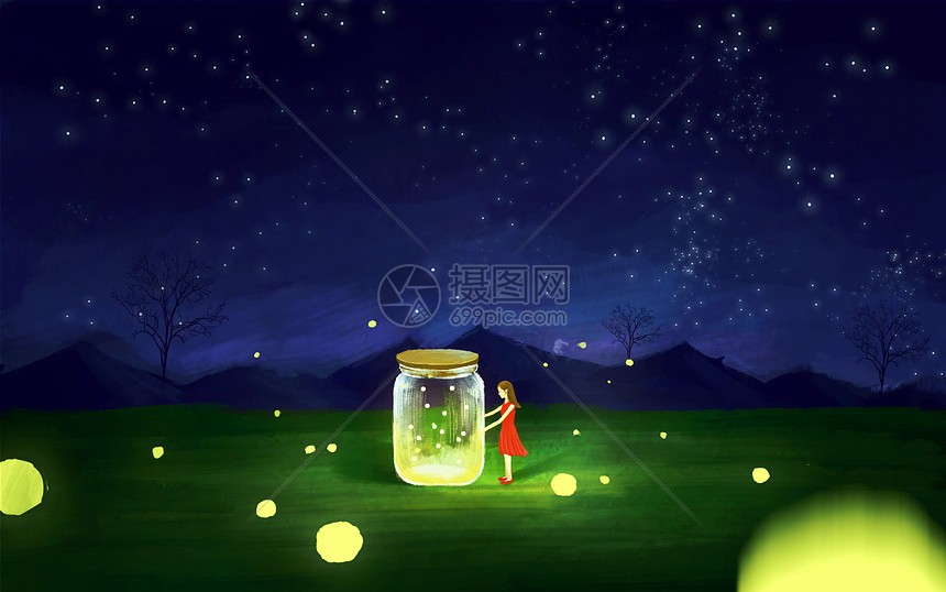 夜晚抓萤火虫插画图片下载-正版图片400085152-摄图网
