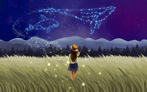 傍晚夜空眺望星空的女孩插画