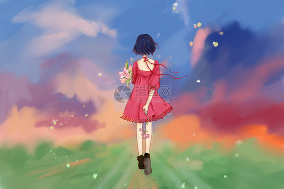 唯美插画 捧花的女孩.
