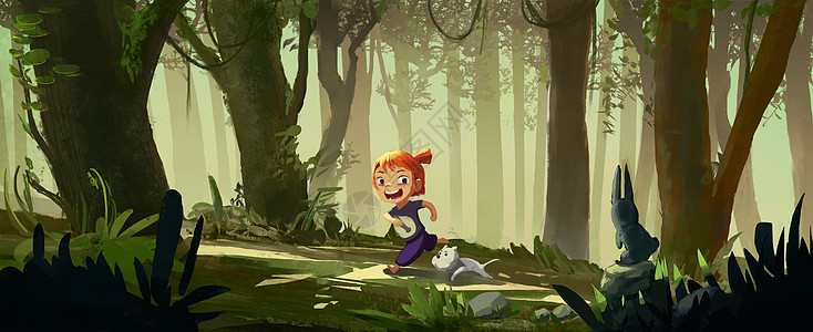 活泼儿童森林中玩耍的女孩插画