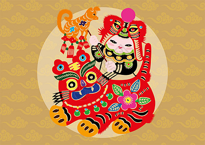 玻璃传统工艺剪纸年画娃娃插画
