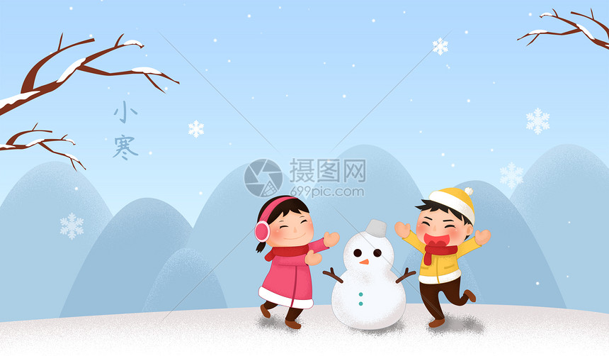 小寒堆雪人图片