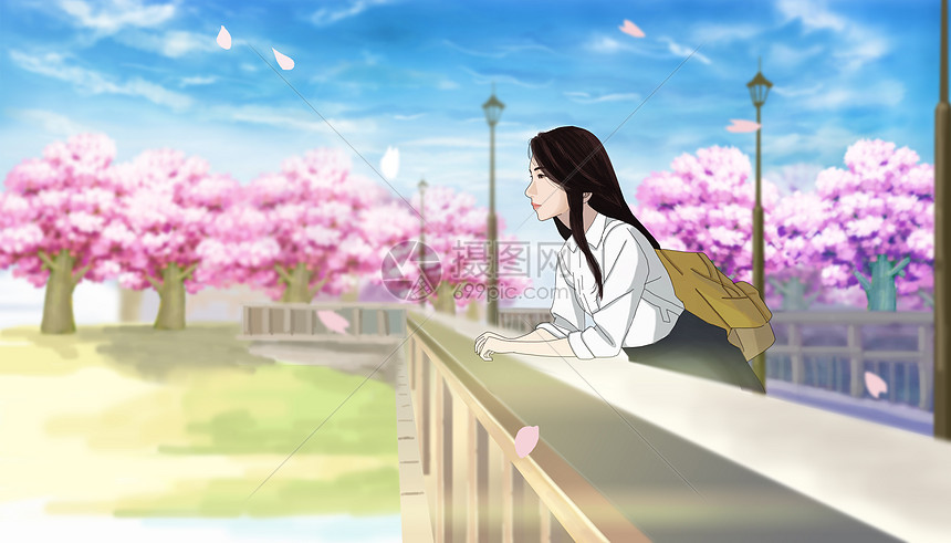樱花桥上的少女图片