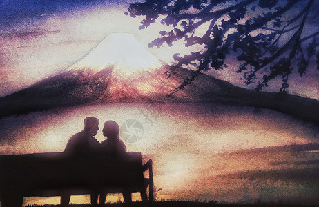 科技感背景psd富士山前的情侣插画