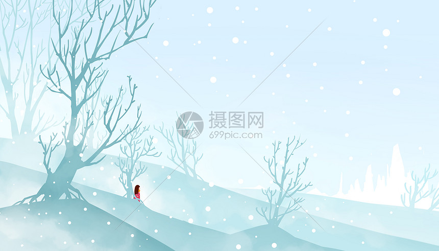 冬日雪景意境插画图片