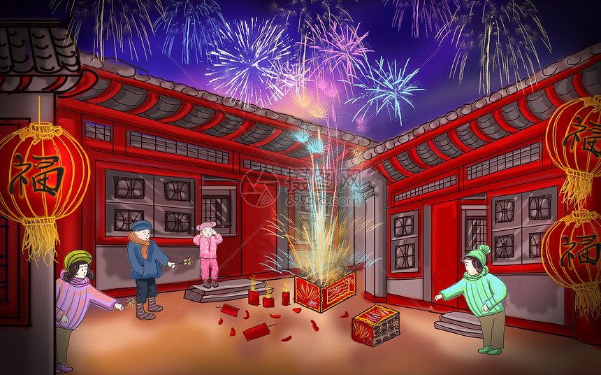 春节放烟花插画图片下载-正版图片400089832-摄图网
