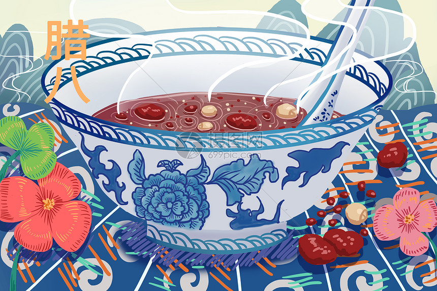 腊八粥青花瓷背景插画